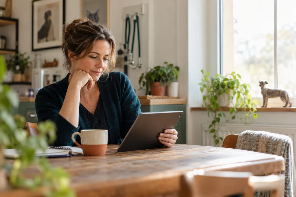 Practice owner reading her briefing over coffee