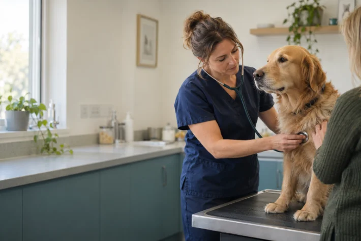 Female vet examining a dog